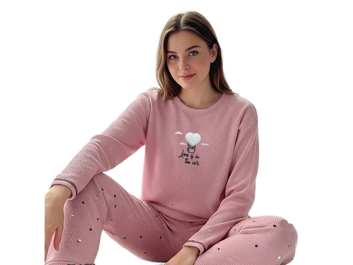 6'lı Waffle Kalp Nakışlı Bayan Pijama Takım S/2xl 183802