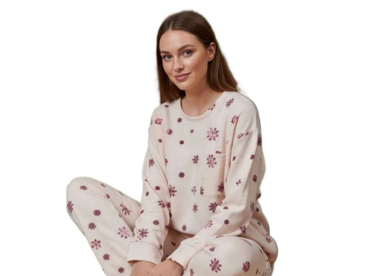 6'lı Waffle Kar Tanesi Baskılı Bayan Pijama Takım S/2xl 183788