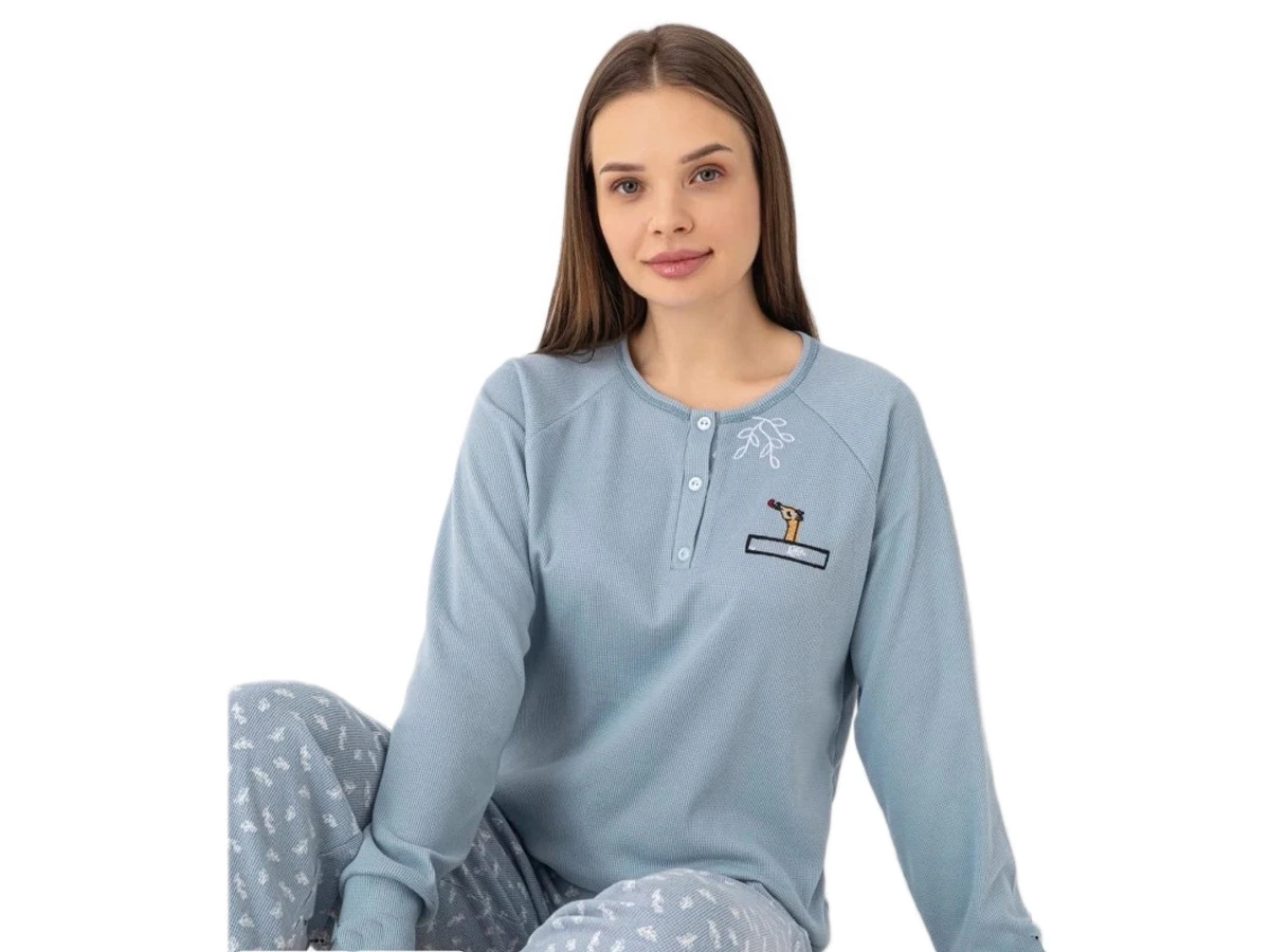 6'lı Waffle Patlı Zürafa Nakışlı Bayan Pijama Takım S/2xl 183795