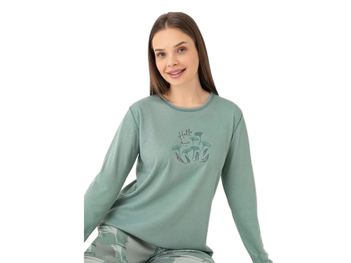 6'lı Waffle Yeşil Yaprak Baskılı Bayan Pijama Takım S/2xl 183797