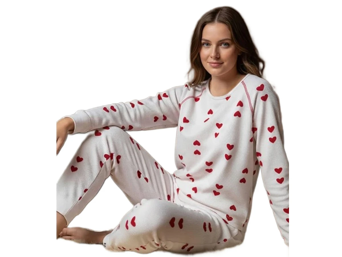 6'lı Waffle Beyaz Kırmızı Kalp Baskılı Bayan Pijama Takım S/2xl 183789