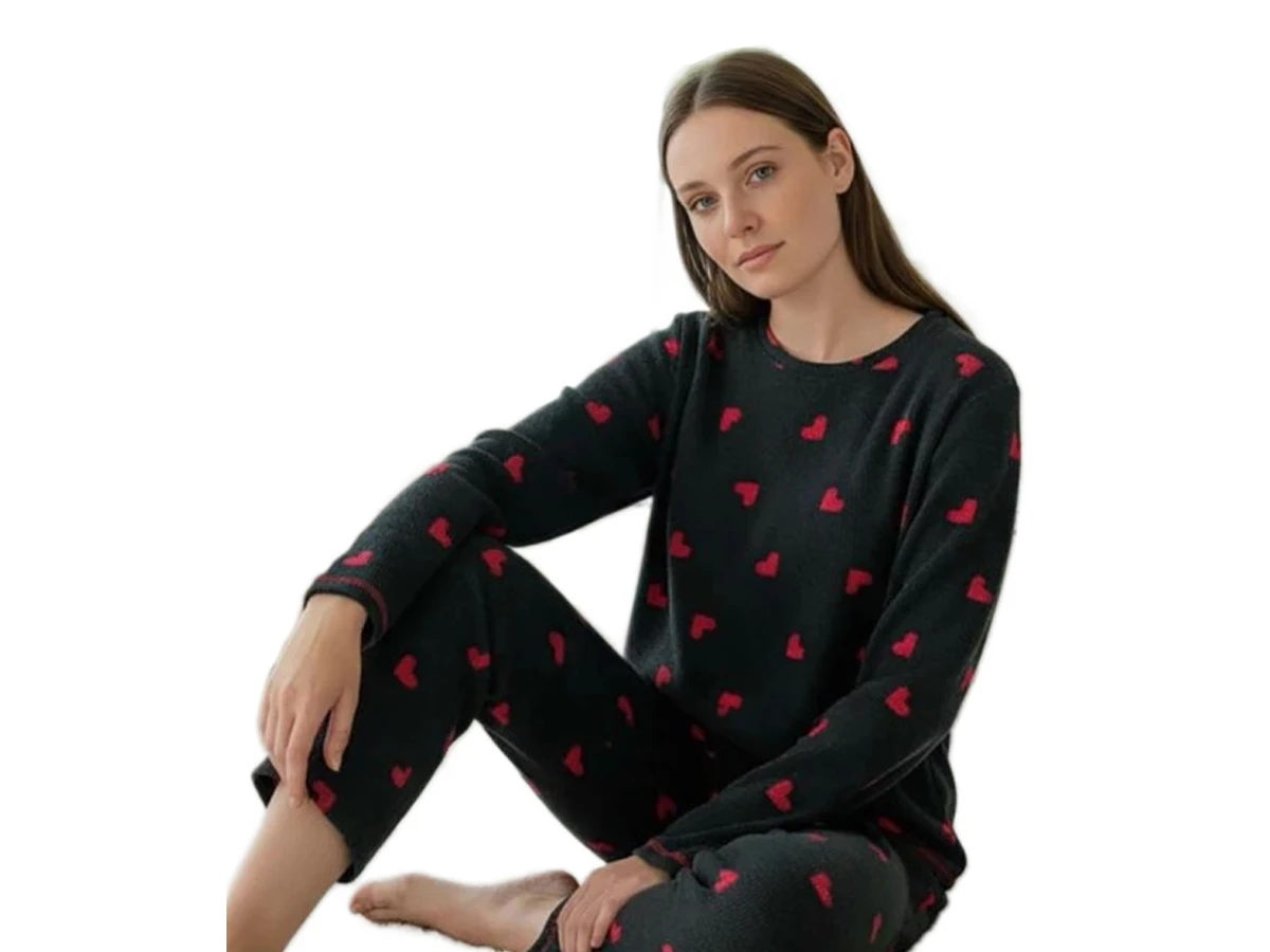 6'lı Waffle Siyah Kırmızı Kalp Baskılı Bayan Pijama Takım S/2xl 183786